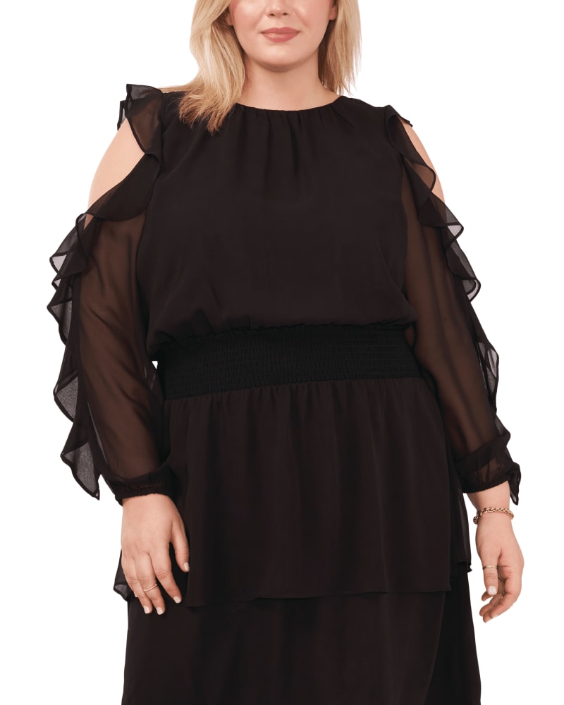 Front of a model wearing a size 0X Elsa Cold Shoulder Top in RICH BLACK by 1.State. | dia_product_style_image_id:262197